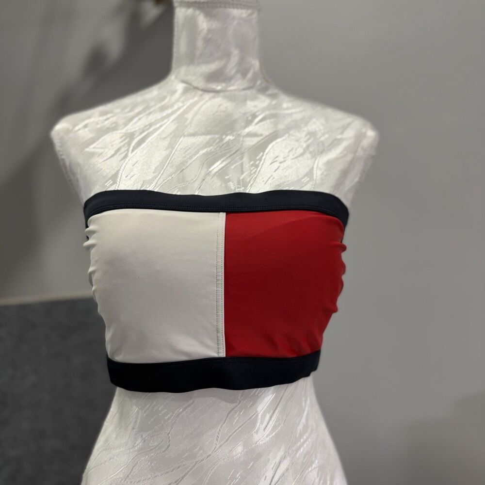 Tommy Hilfiger Colorblock Bandeau Bikini Top 90’s Pool Swimsuit Red White Navy L